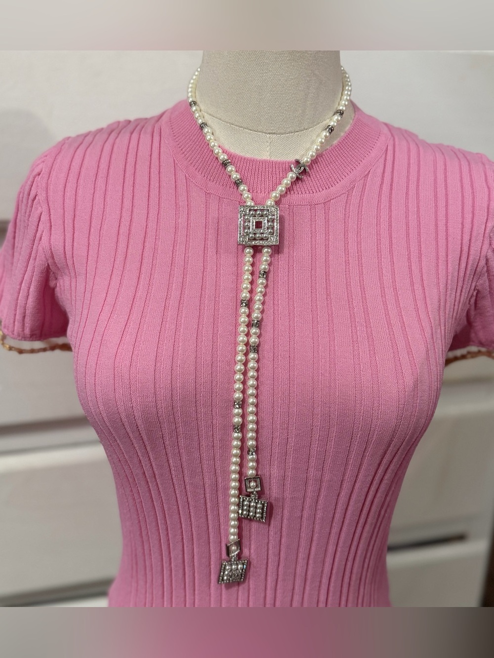 Long 1985 Chanel Pearl and Crystal Lariat Necklace in White